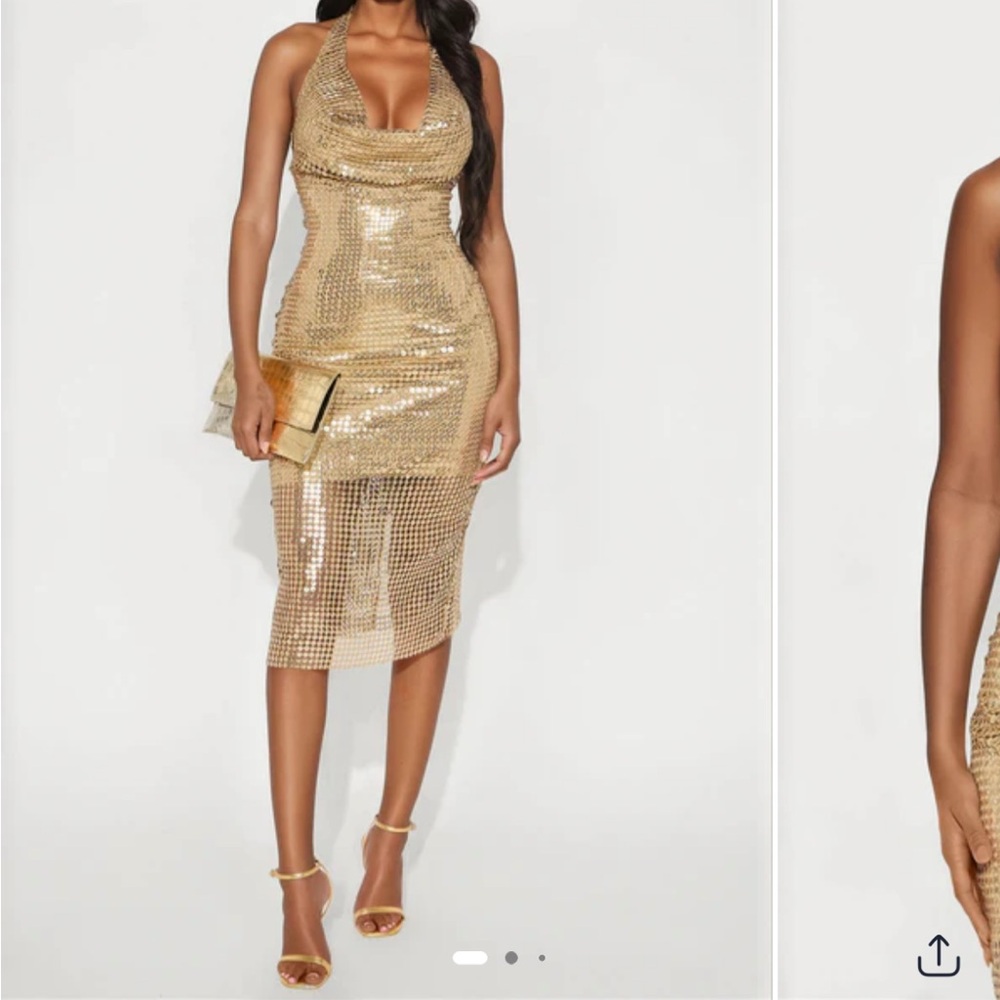 Gold Sequin cowl neck halter Midi dress